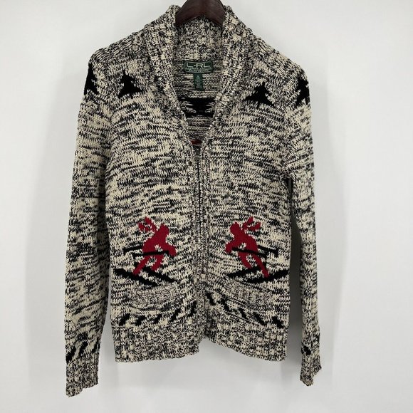 LRL Lauren Active Ralph Lauren M Medium Zip Cardigan Sweater Black Red Tan Skier - Picture 1 of 7